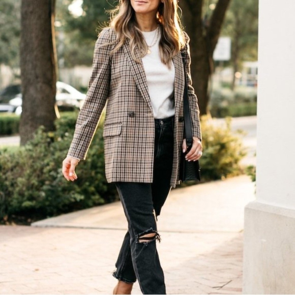 Madewell Caldwell Double Breasted Blazer Tan Plaid Check XS Professional Jacket